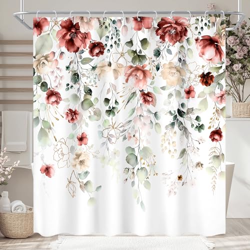 "Red Floral Burgundy Rustic Watercolor Plant Bathroom Shower Curtain Set - 72""W x 72""L Flower Green style, clear shower print, fast-dry fabric and hooks for a simple bath update."
