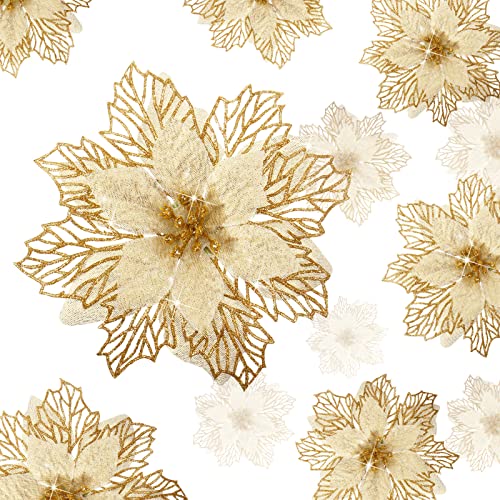 24 Pieces Christmas Glitter Poinsettia Flowers Layered Artificial Xmas Flowers Wedding Christmas Tree New Year Ornaments (Gold)