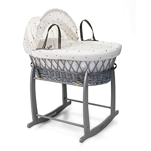 Clair de Lune - Lullaby Hearts Grey Wicker Moses Basket with Deluxe Rocking Stand - Baby Bassinet - Baby Essentials Bundle - Hypoallergenic