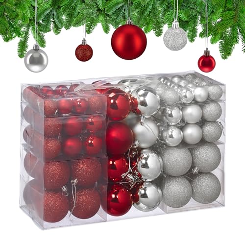 Relaxdays Christmas Baubles, Set of 100, Tree Ornaments, ∅ 3, 4 & 6 cm, Decorations, Glittery, Matte & Shiny, Silver/Red