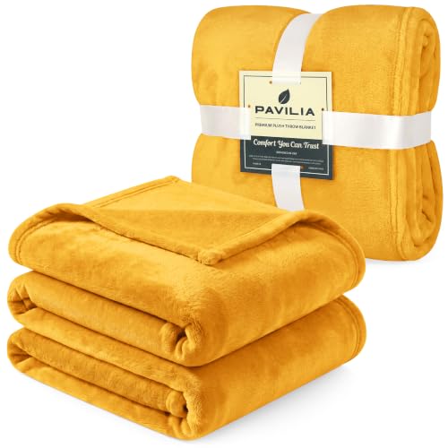 PAVILIA Mustard Yellow Fleece Bed Blanket King Size, Gold Super Soft Fuzzy Flannel Throw for Couch Sofa, Luxury Plush Microfiber Large Throw Blanket King Bed, Home Cozy Velvet Gift Blanket, 90x108