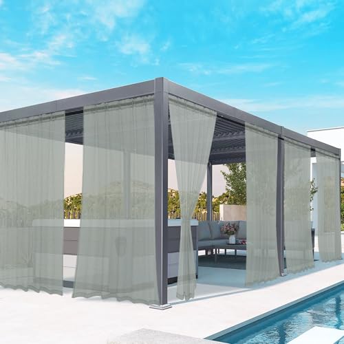 "youleyar Outdoor Sheer Curtains for Patio Waterproof - 6 Panels Linen Look Rod Pocket Curtain Light Filtering Outside Drapes for Living Room, Pergola, Cabana, Gazebo, 52"" W x 120"" L, Silver Grey"