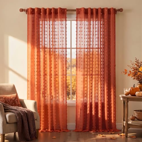 KOUFALL Rust Back Tab Rod Pocket Pom Pom Sheer Curtains for Bedroom 52 by 108 Inches Long