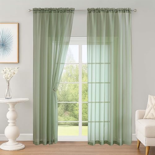 OWENIE Sage Green Sheer Curtain 90 Inches Long 2 Panels Set, Solid Filmy Drapes for Living Room Bedroom, Elegant Window Voile Sheer Curtain Panels Drapes, 2 Pcs, Each 59W x 90L Inch