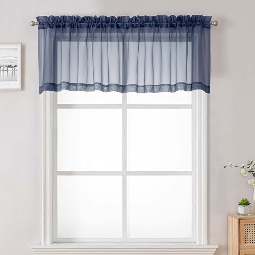 "Lecloud Navy Blue Sheer Valances for Windows 18 Inch Length 2 Pcs, Cafe Kitchen Curtains for Bedroom Living Room, Short Curtains for Small Windows with Dual Rod Pocket Home Decor, 42"" W x 18"" L"