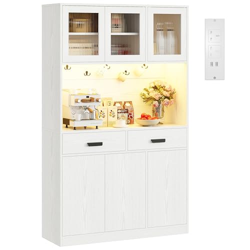 IRONCK Kitchen Cupboard 180cm Tall Cabinet with LED&Power Outlet, Sideboard Storage Cabinet with Large Countertop, 2 Drawers, Ajustable Shelf, Kitchen Units Dining room, living Room,180x110x38cm,White