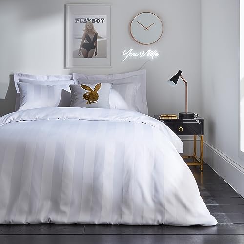Sassy B Playboy Bedding Soft Satin Stripe Double Duvet Cover Set with Pillowcases White