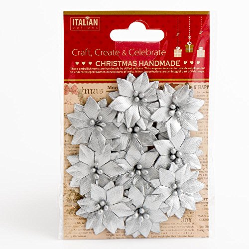 Italian Options 3.5cm Small Metallic Silver Poinsettia Christmas Flower Card Making Craft Decorations (Pack of 10)