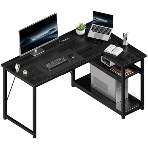JUMMICO L Shaped Desk 120x80cm with Storage, Corner Computer Desk with Reversible Shelf, Sturdy Office Desk & Workstations for Home Office, Black
