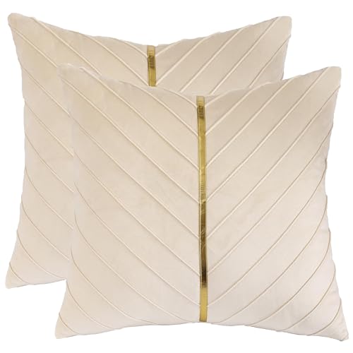 Tosleo Cream Velvet Throw Pillow Covers 26x26 Pack of 2 with Gold Leather,Decorative Couch Pillow Cover Luxury Modern Pillowcases for Living Room Bedroom Sofa Cushion Bed