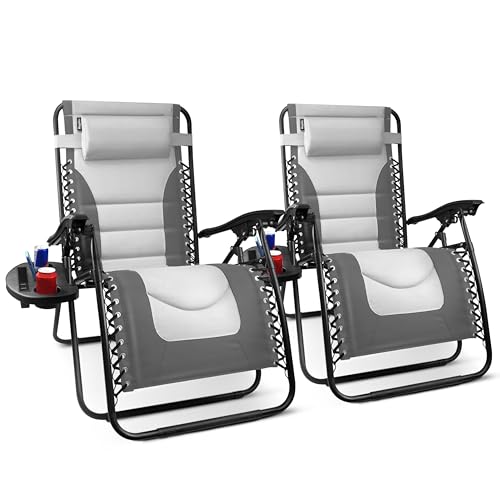 KEPLIN Set of 2 XXL Premium Heavy Duty Textoline Zero Gravity Chairs - Luxurious Garden Recliners, Adjustable Headrest, Cup & Phone Holder, Foldable & Easy to Clean Patio Sun Loungers(Dark Grey)