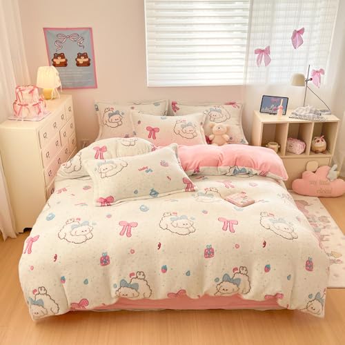 CinYana Cute Puppy Duvet Cover Set Colorful Polka Dot Bow Pattern Fluffy Duvet Cover Kawaii Cartoon Comforter Cover Soft Kids Duvet Cover Queen Bedding Set(Puppy,Queen)