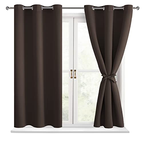 Hiasan Blackout Curtains for Bedroom - Thermal Insulated & Light Blocking Window Curtains for Living Room/Kids Room, 2 Drape Panels Sewn with Tiebacks, Brown, 42 x 45 Inch