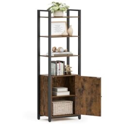VASAGLE 6-Tier Bookcase, Tall Bookshelf with Door, Metal Frame, Adjustable Shelves, 24 x 40 x 159.5 cm, Living Room Bedroom, Rustic Brown and Ink Black LLS132K01