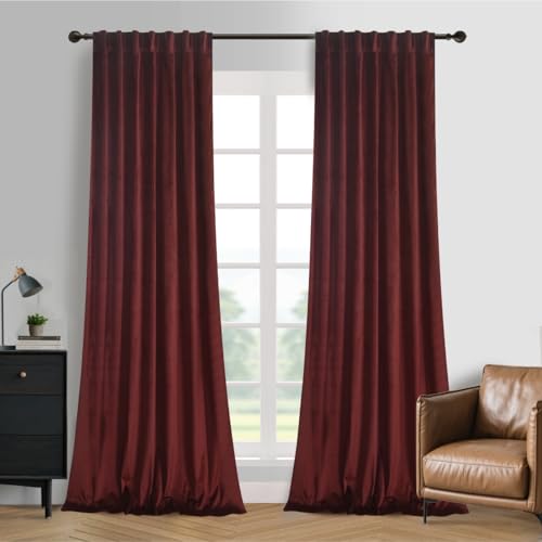 Roslynwood Luxury Soft Ruby Wine Velvet Curtains 63 inches Long Back Tab Thermal Insulated Blackout Window Drapes for Living Room/Bedroom/Dining Room, W52 x L63, 2 Panels