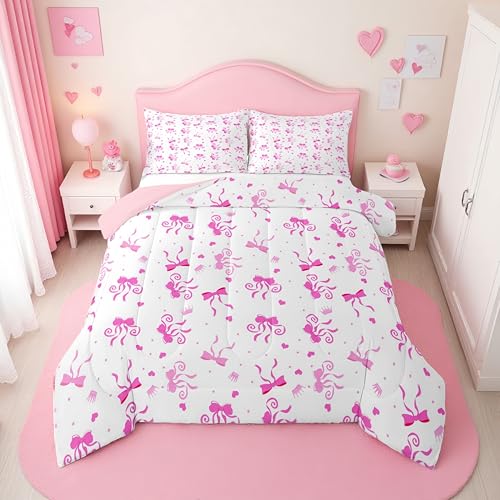 Erosebridal Girls Pink Bow Full Comforter Set - Cute Coquette Pink Bows Bedding Set for Kids Women, Princess Ribbon Bow Tie Quilt, Bowtie Love Valentines Bedroom Decor, 2 Pillowcases