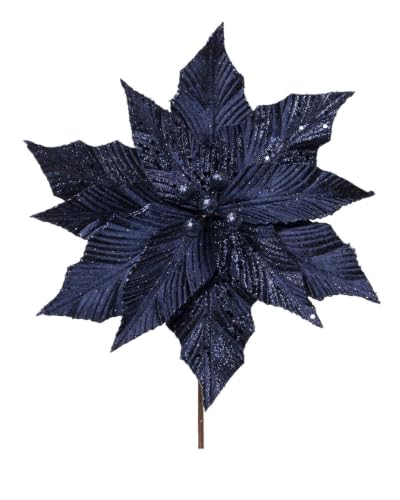 WeRChristmas Navy Glitter Artificial Poinsettia, 26cm - 26cm navy glitter artificial poinsettia with layered petals for Christmas trees, wreaths and festive arrangements