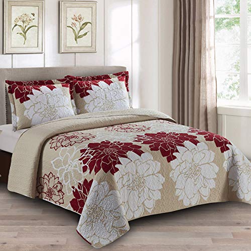 Helena Burgundy Oversized Coverlet Set, Luxury Printed Design Quilt, Bedspread Set - Filled Quilts - Fits Pillow top Mattresses - 3PC Set - King/Cal King Size