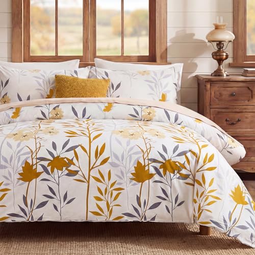 Cozaline 100% Cotton Duvet Cover Set Queen Size, Yellow Floral Bedding Set 3 Pcs Reversible Lightweight Comforter Cover for All Season(Queen, Yellow Botanical)