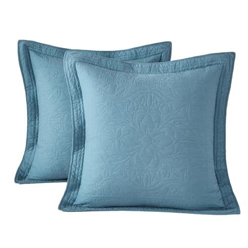 WINLIFE 100% Cotton Quilted Euro Sham Covers, 2 Pack Cotton 26'' x 26'' Pillow Covers, Soft and Breathable Euro Shams, Square Pillow Shams, Mineral Blue