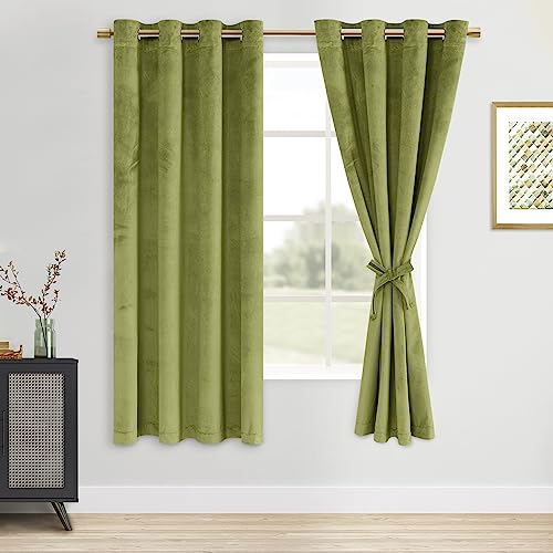 DWCN Velvet Curtains - Super Soft Velvet Drapes for Bedroom Bundleable Room Darkening Heat Block Out Noise Absorb Curtain Panels for Office/Bedroom/Meeting Room, Moss Green, W52 x L63, 2 Panels