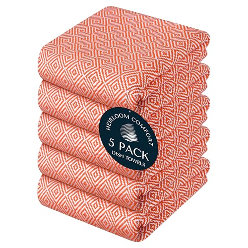 HEIRLOOM COMFORT Orange Kitchen Towels (5 Pack), 100% Cotton, Diamond Weave Towel Set, 40x66 cm, Super Absorbent & Durable Dish Cloths, Quick Drying Fabric for Drying Dishes, Everyday Cleaning