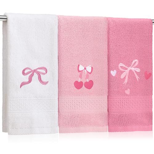 SmoothNovelty 3 Pcs Bow Heart Hand Towels for Bathroom Embroidered Bathroom Towels Farmhouse Decorative 13.78 x 29.53 Inch Absorbent Soft Cotton for Kitchen Dish Fast Drying Decor