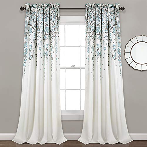 "Lush Decor, Blue and Gray Weeping Flowers Room Darkening Window Panel Curtain Set (Pair), 95” x 52, 95"" x 52"""