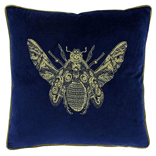 "Riva Paoletti Cerana Cushion Cover Royal Blue Super Soft Velvet Fabric Embroidered Bee Design Gold Piped Edges 100% Polyester 50 x 50cm (20"" x 20"" inches)"
