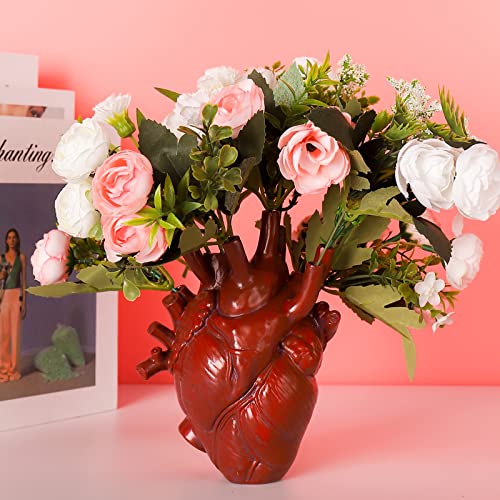 BTPOUY Red Anatomical Heart Vase - Resin Flower Pot Desktop Ornament - Heart Shaped Vases for Flowers - Home Decor, 4.3x6 Inch
