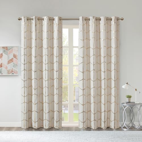 Intelligent Design 2 Panel Blackout Curtains for Bedroom Windows, Metallic Printed Living Room Curtains, Thermal Insulated Window Shades for Home, Machine Washable, Raina, 2-PK 50x84, Ivory/Gold