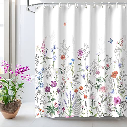 "LIVILAN Floral Shower Curtain Butterfly Showers for Bathroom Lilac Watercolor Wildflower Purple, 72"" W x 72"" H with Hooks"