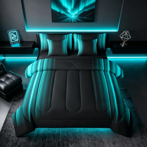 Feelyou Geometric Abstract Ombre Comforter Set with Sheets Kids Teens Teal and Black Striped Bedding Bed Set Decor Modern Fashion Bed in a Bag Bedroom Collection King Size