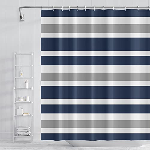 Umpoo Stripes Fabric Bathroom Curtain Dark Blue Grey Modern Minimalist Shower Curtain with Hooks Polyester Waterproof Abstract Artistic Decor, 72x72 Inch