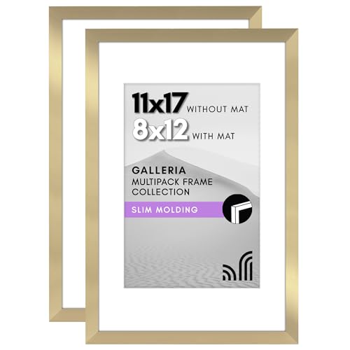 Americanflat 11x17 Picture Frame Set of 2 in Gold - Use as 8x12 Picture Frame with Mat or 11x17 Frame Without Mat - Collage Picture Frames with Plexiglass Cover for Horizontal or Vertical Display