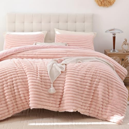 Smoofy Fluffy Twin Comforter Sets 2 Pieces - Blush Pink Fleece Fluffy Comforter Set, Luxury Fuzzy Twin Bedding Set, Soft Twin Size Comforter All Season, Heavy Faux Fur Comforter with Pillow Cases