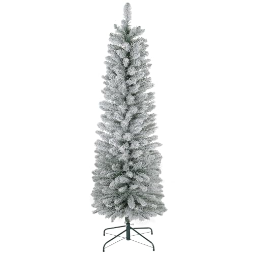 HOMCOM 6ft Artificial Pencil Christmas Tree Metal Base, Snow Flocked, White - 329 Branches, Realistic Xmas Tree
