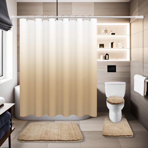 Baahrnom 4 Pcs Beige Shower Curtain Sets with Rugs Solid Bathroom Sets with Shower Curtain and Rugs and Adjustable Toilet Lid Cover for Luxury Bathroom Decor
