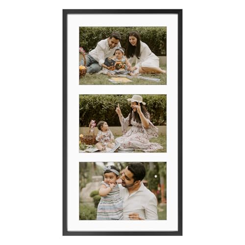 Frametory - 7x14 Aluminum Collage Picture Frame - Display 4x6 Pictures with 3 Openings Mat - Real Glass Front - Horizontal/Vertical Wall Mount - Black 1 Pack