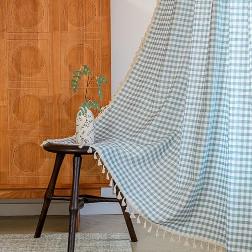 ENJOYBRIDAL Light Blue Plaid 96 Inch Curtains 2 Panel Set Boho Living Room Drapes Semi Sheer Rod Pocket Tassel Long Window Curtain Panels for Bedroom Farmhouse Light Filtering Teen Window Treatments