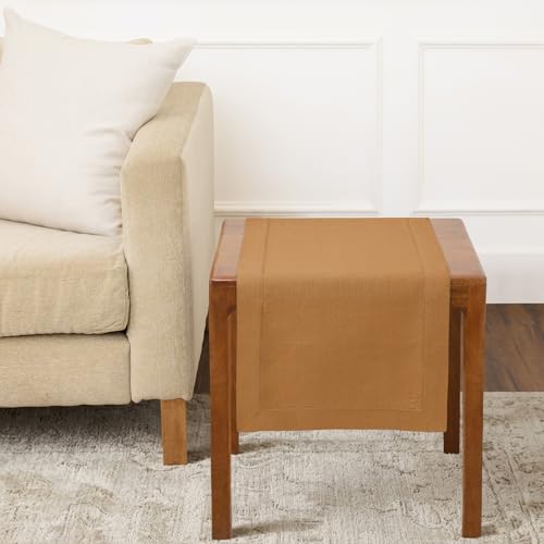 Solino Home Linen Table Runner 14 x 36 Inch ??? 100% Pure Linen Classic Hemstitch Table Runner for Fall, Halloween, Thanksgiving, Christmas ??? Brown Sugar, Handcrafted from European Flax