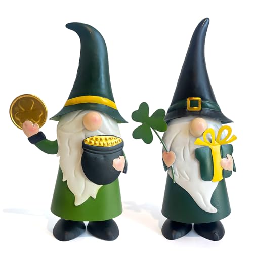 HONGLAND St. Patricks Day Decorations Outdoor Green Gnomes, Metal Gnomes Figurine Irish Leprechaun St Patricks Day Decor, Luck Shamrock Gnome for Home Outside Garden Lawn Party Yard Patio (14 INCH)