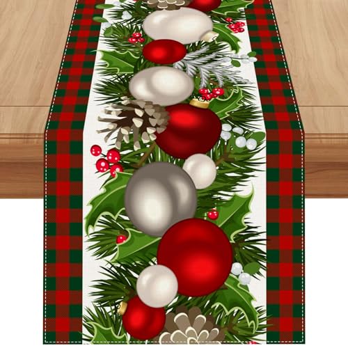Linen Red and Green Buffalo Check Plaid Christmas Table Runner 90 Inches Long Farmhouse Winter Christmas Xmas Holiday Home Kitchen Table Decorations