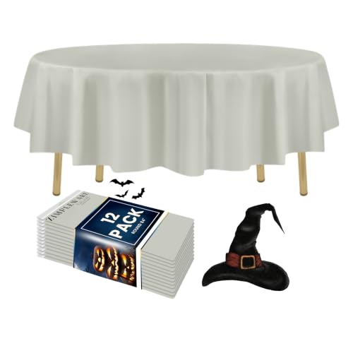 ZIMPLEWARE Premium Light Grey Plastic Table Cloth Disposable (12 Pack) Round Tablecloth (84in) Party Table Cloths Disposable, Perfect Table Cloth Round Cover for Any Table Up to 6 Feet