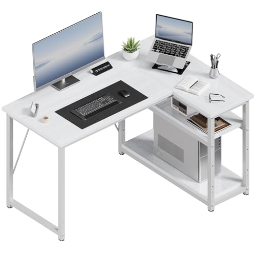 JUMMICO Small L Shaped Desk 100x80cm with Storage, Corner Computer Desk with Reversible Shelf, Sturdy Office Desk & Workstations for Home Office, White