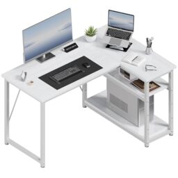 JUMMICO Small L Shaped Desk 100x80cm with Storage, Corner Computer Desk with Reversible Shelf, Sturdy Office Desk & Workstations for Home Office, White