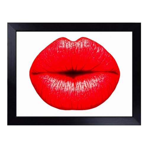Lap Tray with Bean Bag Cushion, Red Lips Kiss Art - Handmade in the UK, Raised Wooden Edge, Padded Cushion, Heat-Resistant Wipe-Clean Surface, for Meals, Laptops and Crafts