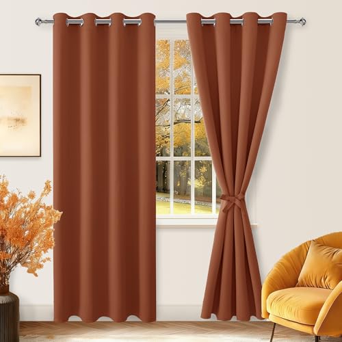 Hiasan Blackout Curtains for Bedroom, 52 x 84 Inches Long - Thermal Insulated & Light Blocking Window Curtains for Living Room/Kids Room Fall Home Decor, 2 Drape Panels Sewn with Tiebacks, Burnt Ochre