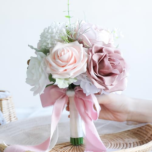 PONATIA Dusty RoseWedding Bouquets for Bride Bridesmaid, Blush Pink Wedding Artificial Roses Flowers for Wedding Bouquets Ceremony, Anniversary (Dusty Rose & Blush)