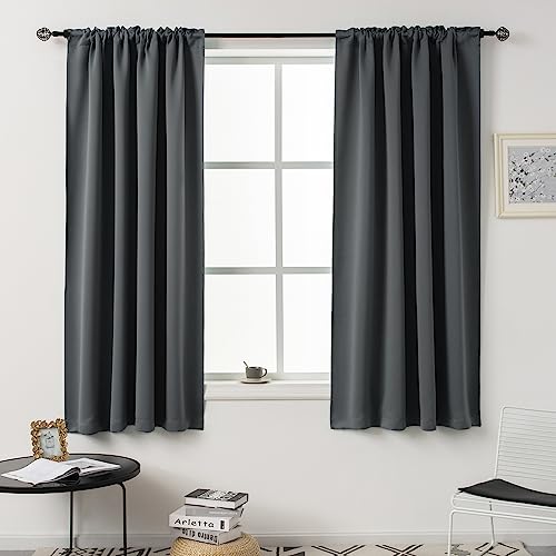 DUALIFE Short Blackout Curtains 45 Inches Length for Bedroom - Rod Pocket Thermal Insulated Room Darkening Gray Curtain for Living Room, 54 x 45 Inch, 2 Panels, Grey